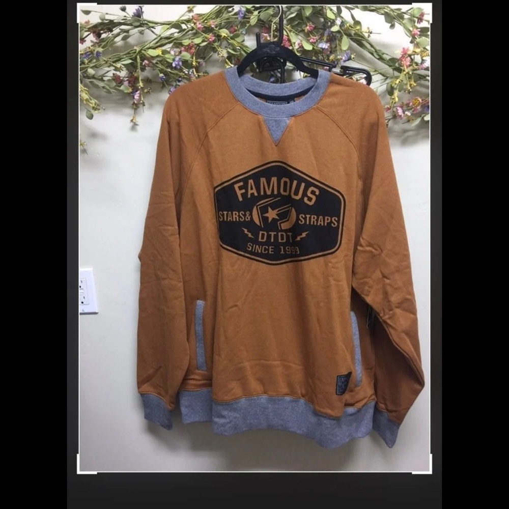 Vintage Famous Stars & Straps Men's Mustard Gray Pullover Sweatshirt